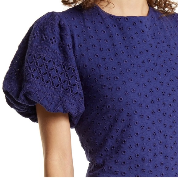 Free People Apricot Rose Puff Sleeve Eyelet Dress Living Indigo Size Medium NWT - Picture 7 of 10